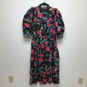 Alden Adair Pagoda Short Puff Sleeve Ruffle Tiered Midi Sawyer Dress L $348 New